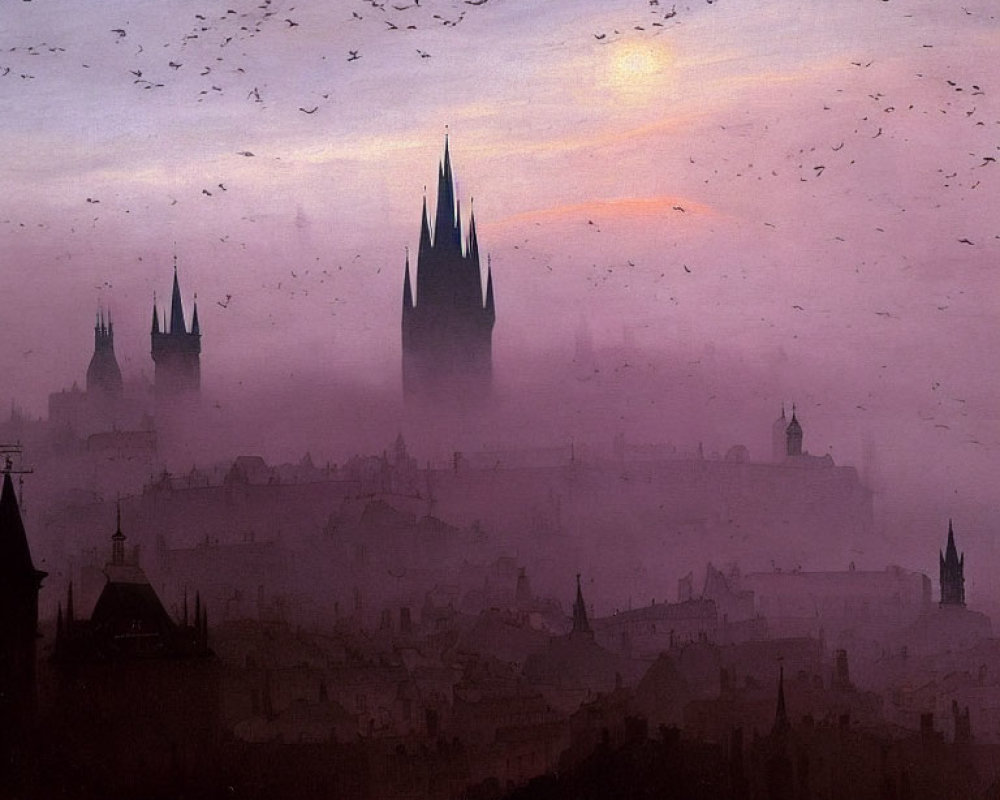 Misty cityscape at dusk with silhouetted spires and glowing sun