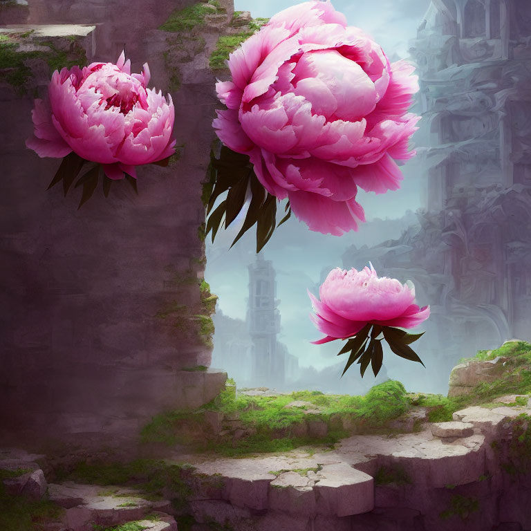 Vibrant Pink Peonies Above Moss-Covered Ruins in Misty Landscape