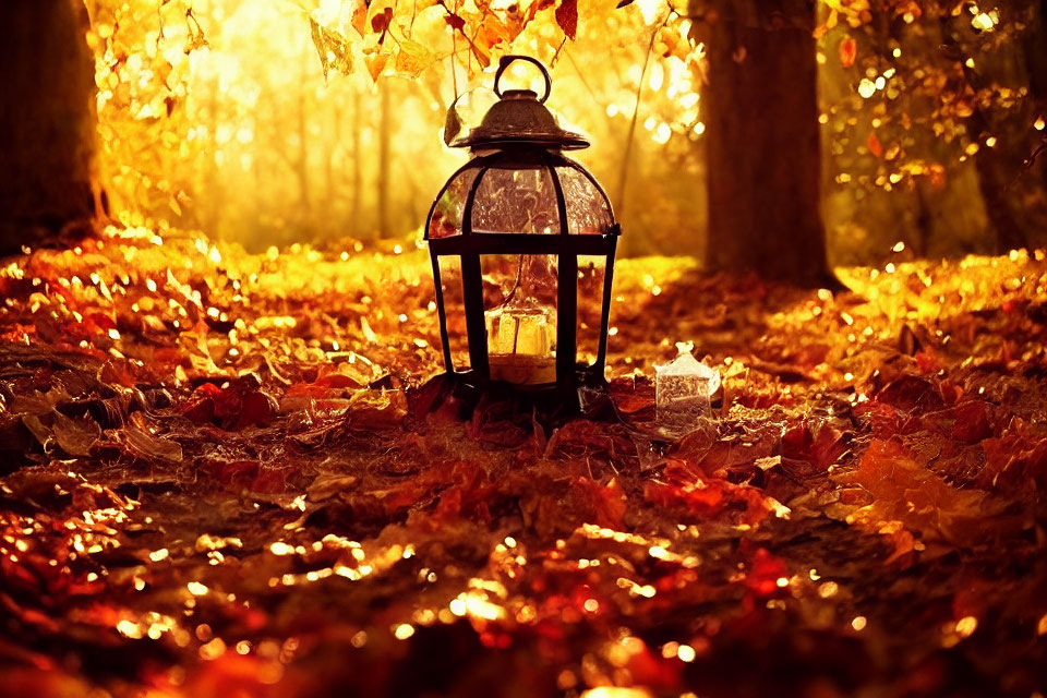 Vintage Lantern Illuminated on Autumn Leaves in Fall Forest at Dusk