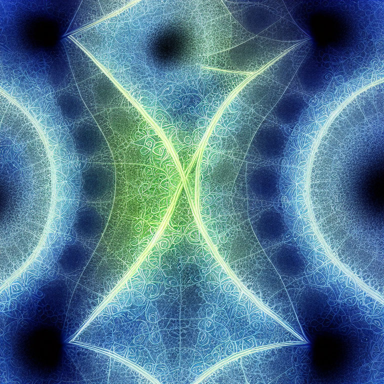 Vibrant green X-shape fractal on textured blue background