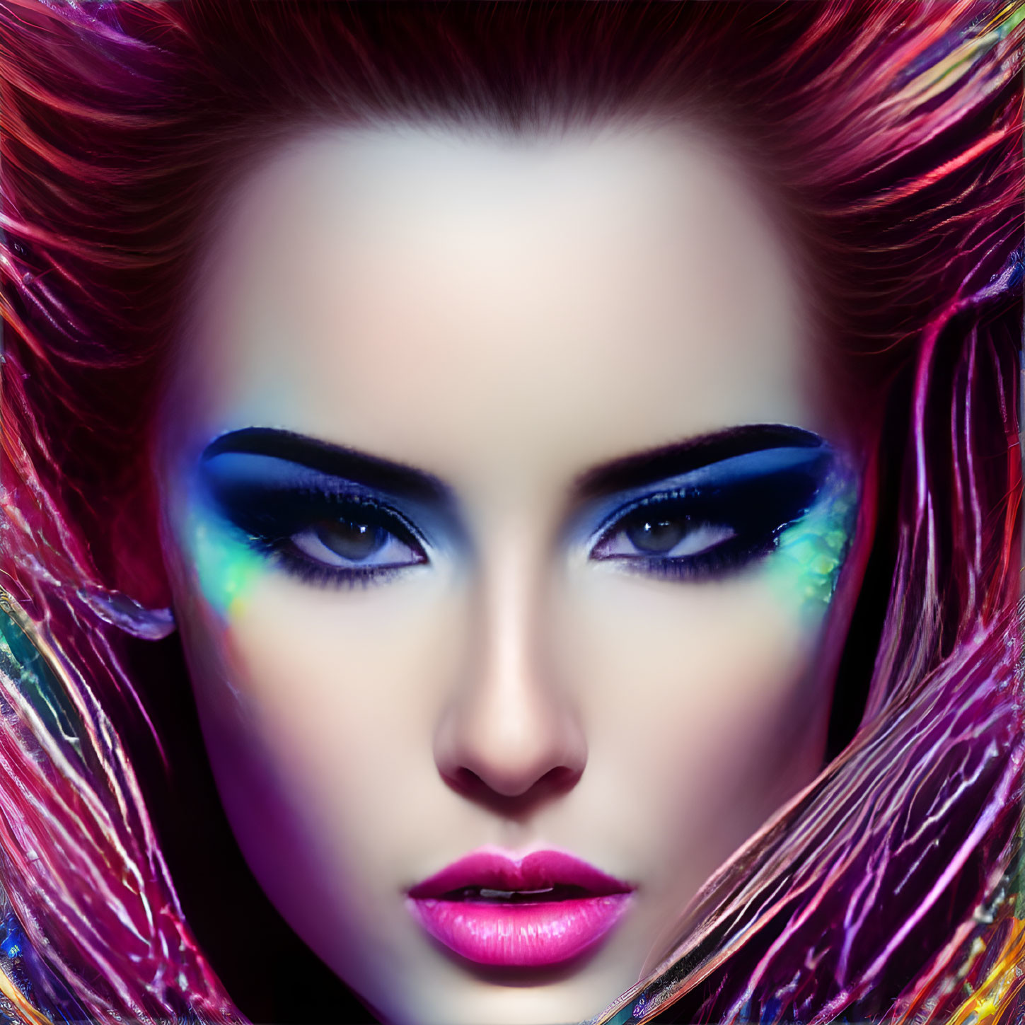 Portrait of Woman with Vibrant Makeup: Blue Eyeshadow, Pink Lipstick, Red Hair