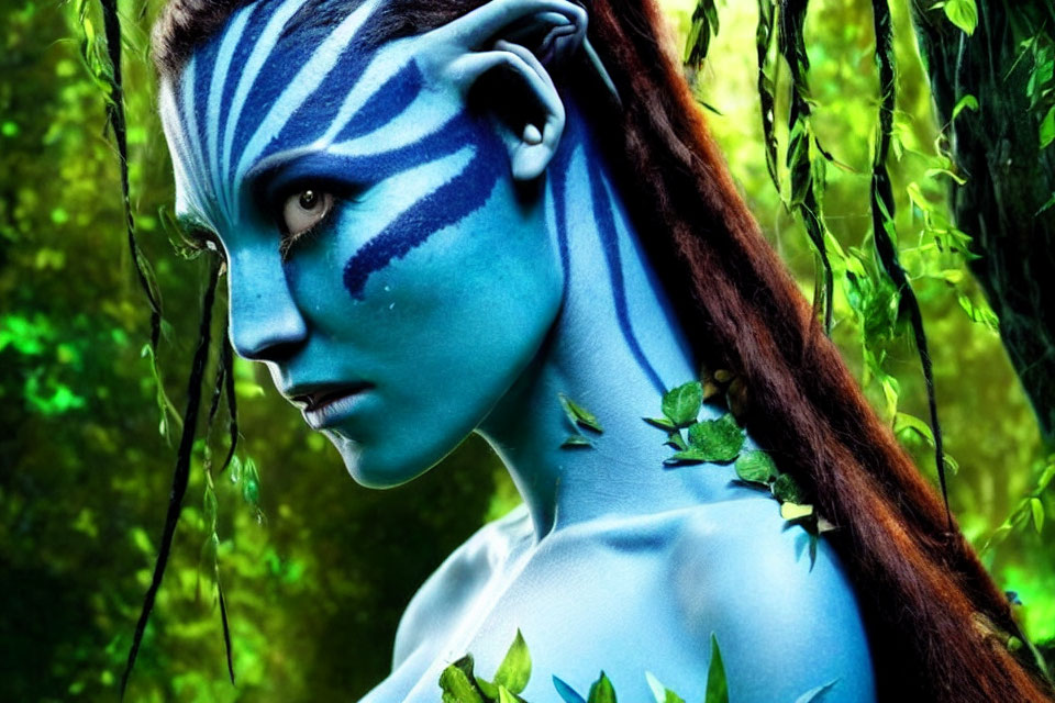 Blue-skinned humanoid alien with white stripes in lush greenery