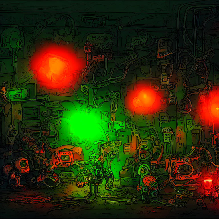Stylized neon-lit mechanical room with intricate machines and glowing lights