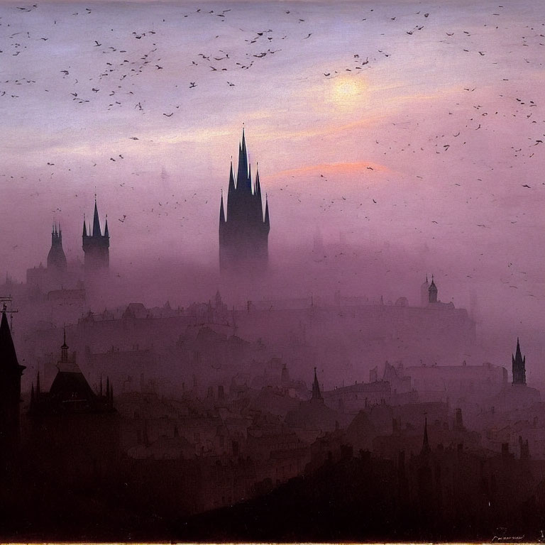 Misty cityscape at dusk with silhouetted spires and glowing sun