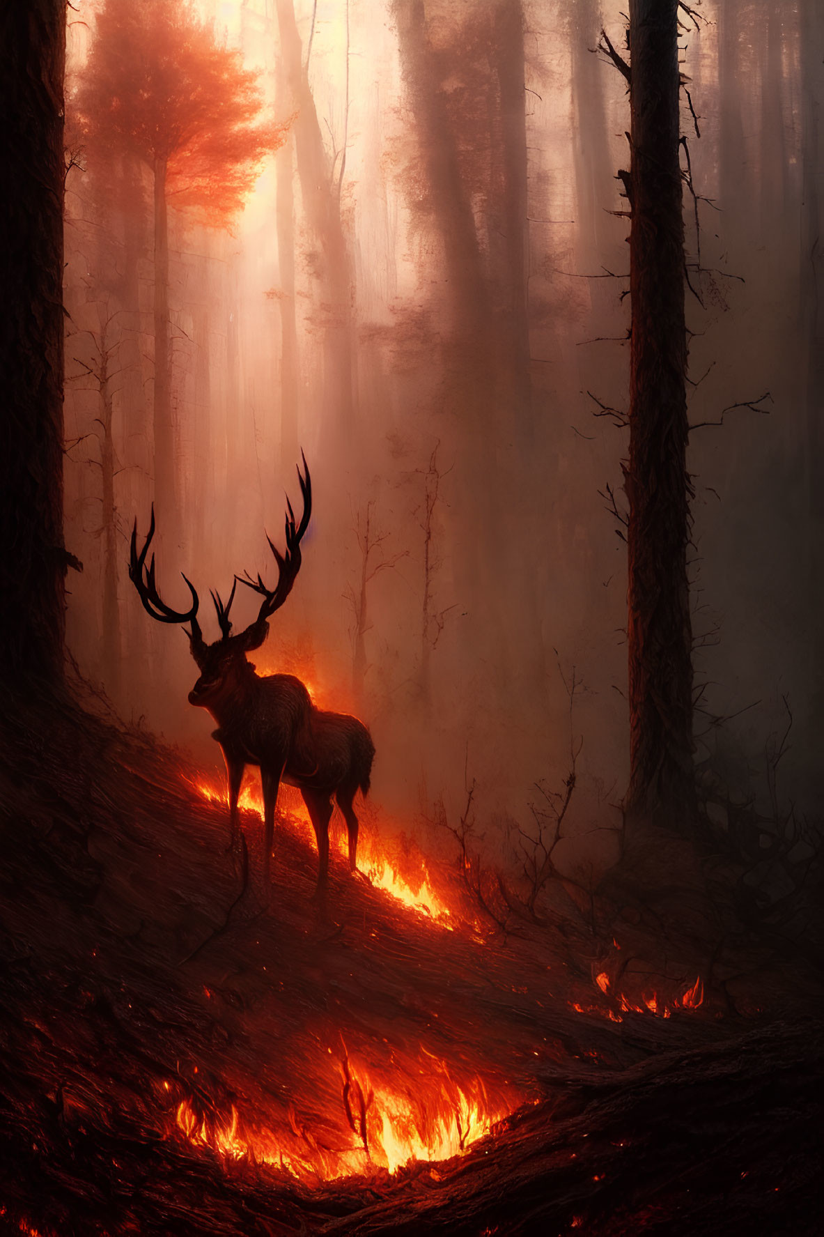 Majestic elk in misty forest with ground fire glow