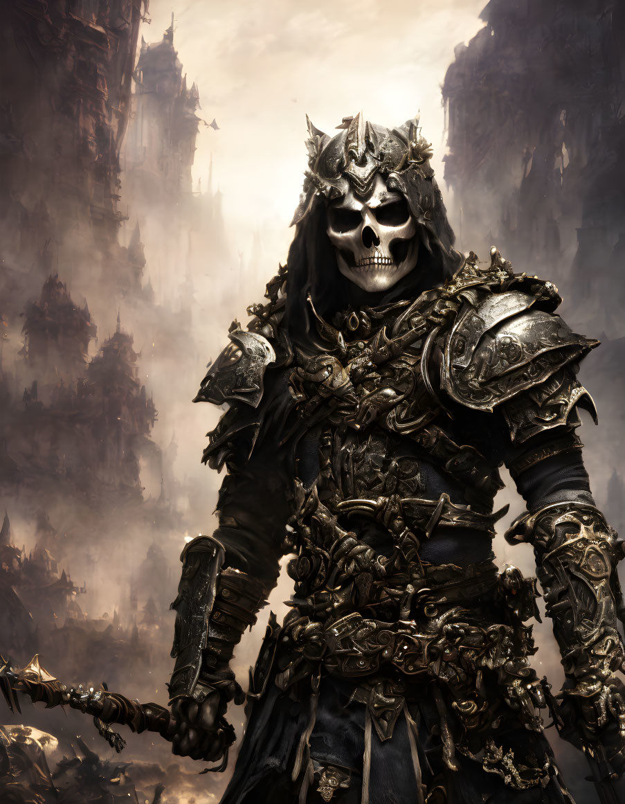 Skeletal figure in ornate armor with sword in dark fantasy ruins