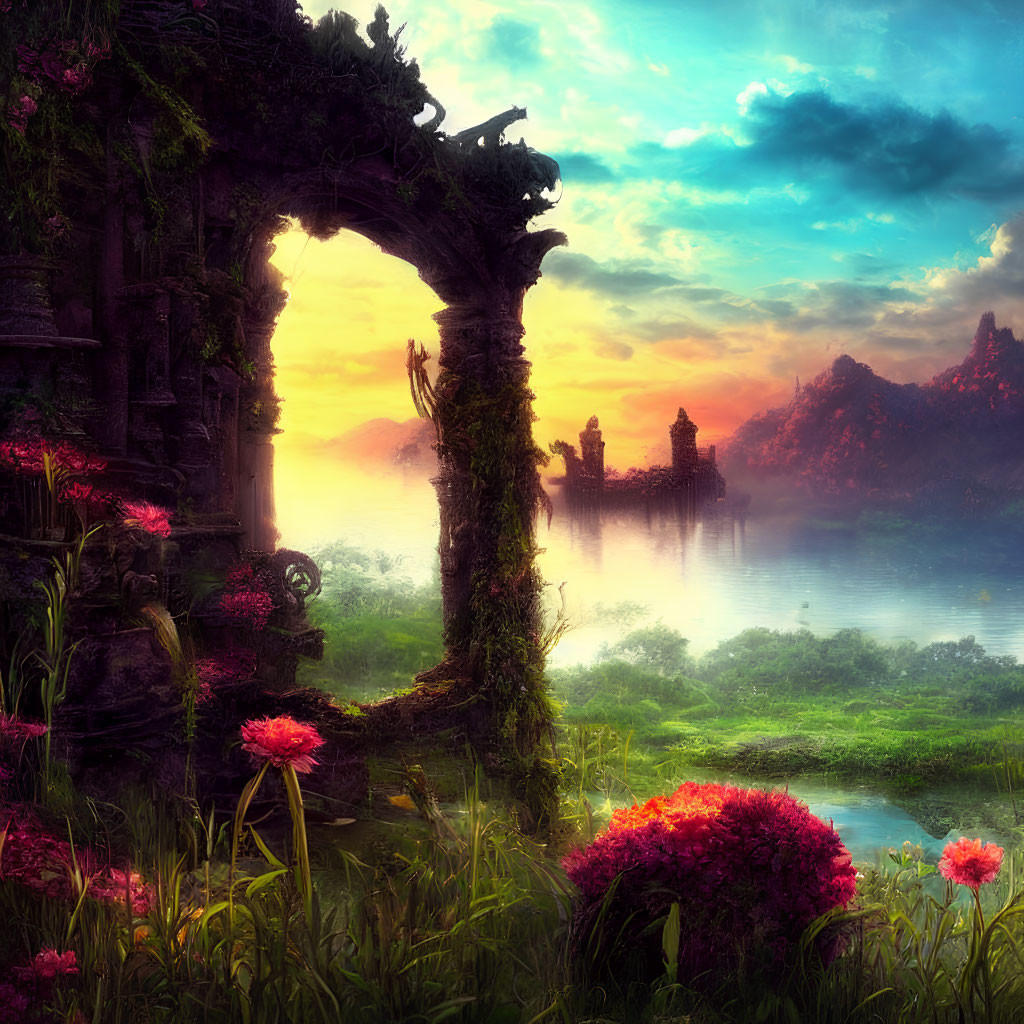 Serene lake sunrise with ancient ruins and pink flowers