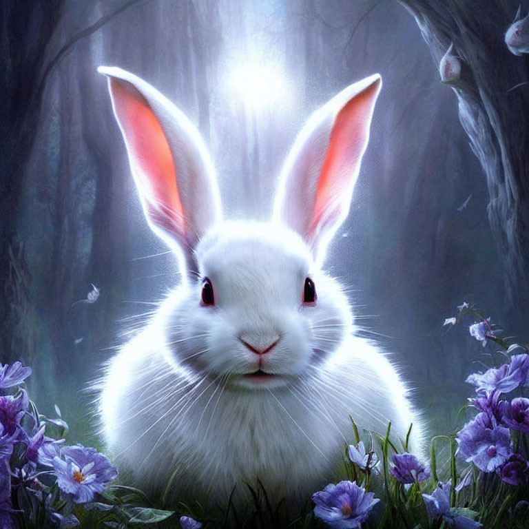 Mystical white rabbit with red eyes in moonlit forest with butterflies