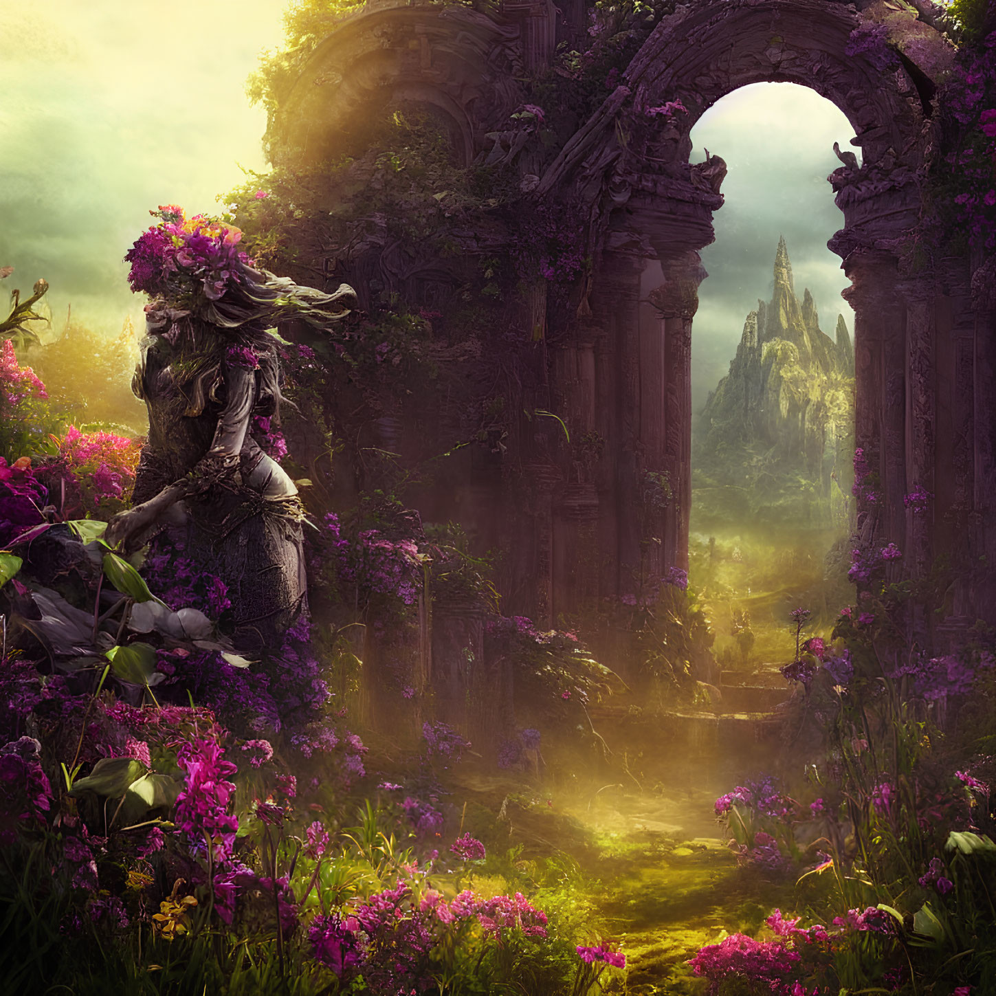 Fantasy landscape with vibrant flowers, ancient ruins, and majestic mountain