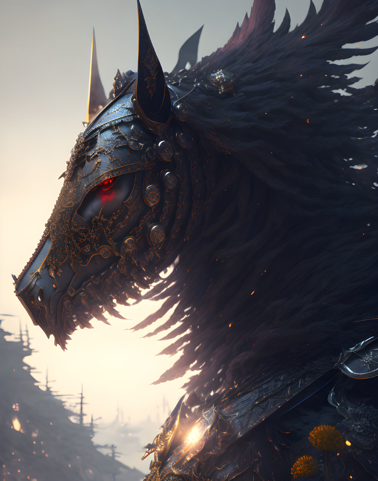 Detailed Artwork: Majestic Fantasy Armored Wolf with Glowing Red Eyes and Golden Embellishments