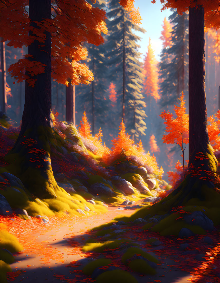 Sunlit Forest Path with Vibrant Autumn Foliage