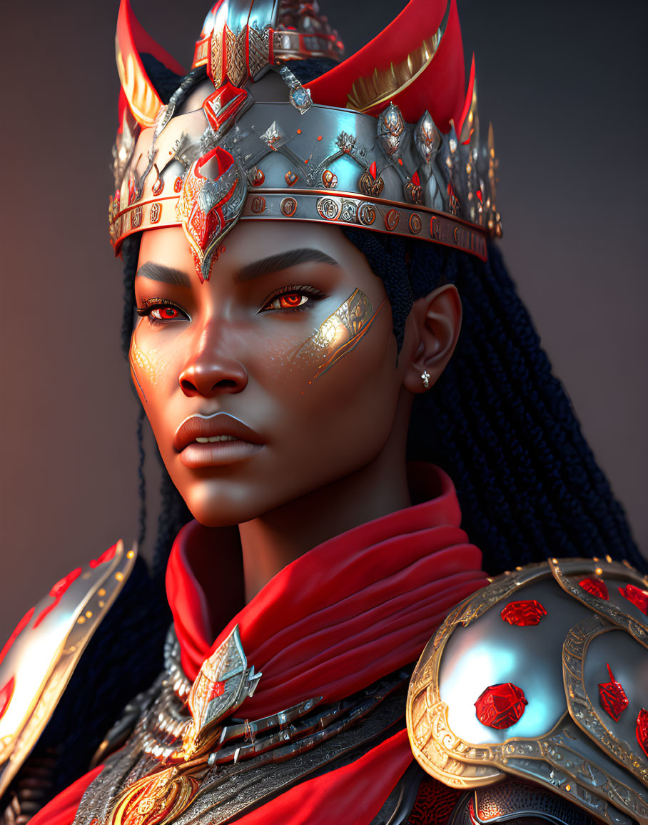 Elaborately Detailed Woman Digital Artwork with Red and Silver Armor