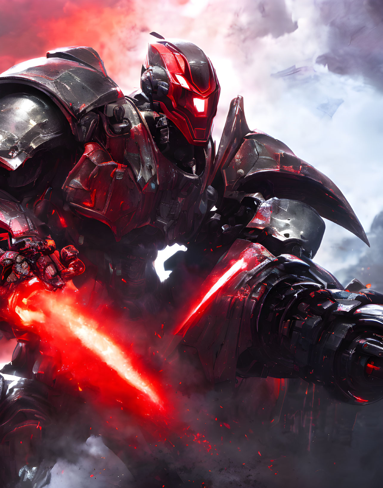 Giant robotic figure with red eyes and beam weapon in battle scene