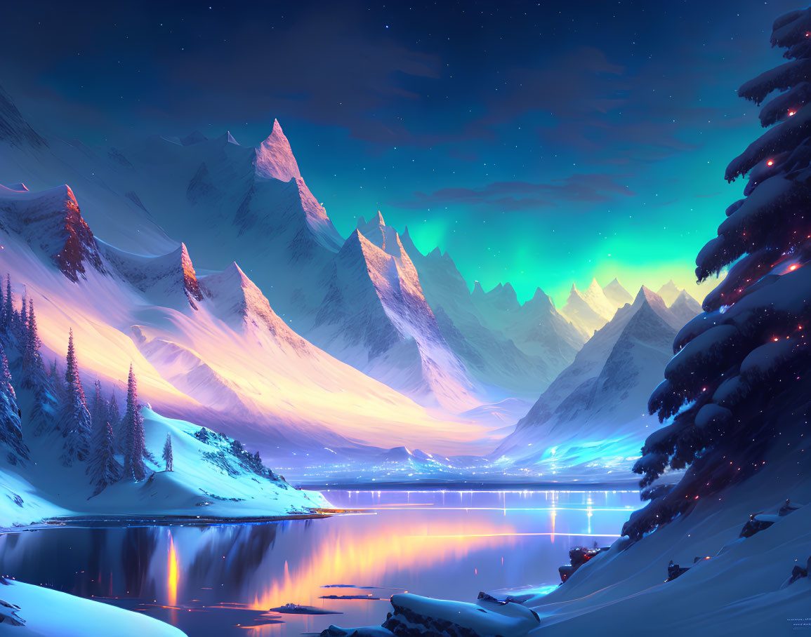 Snowy Twilight Landscape with Aurora Borealis, Lake, Mountains, and Pine Trees