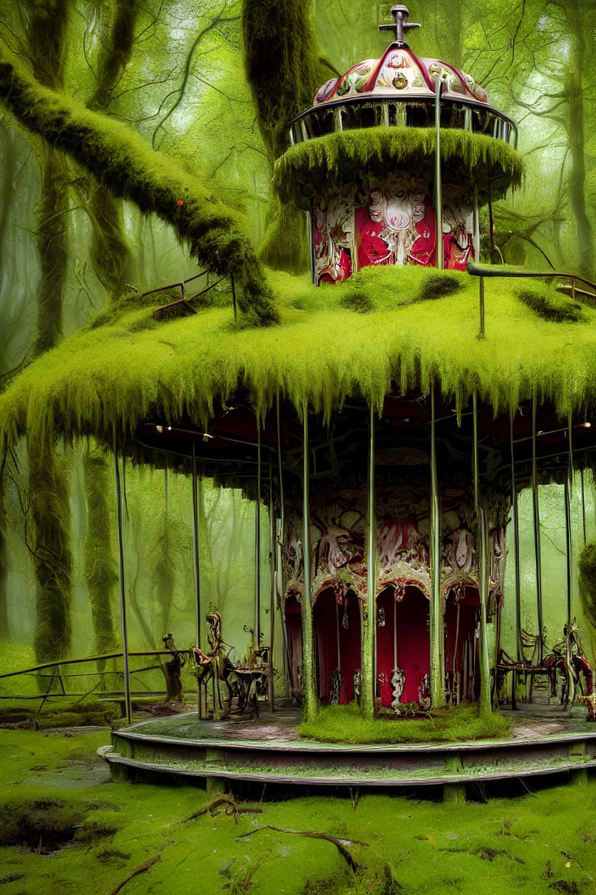 Abandoned moss-covered carousel in misty green forest