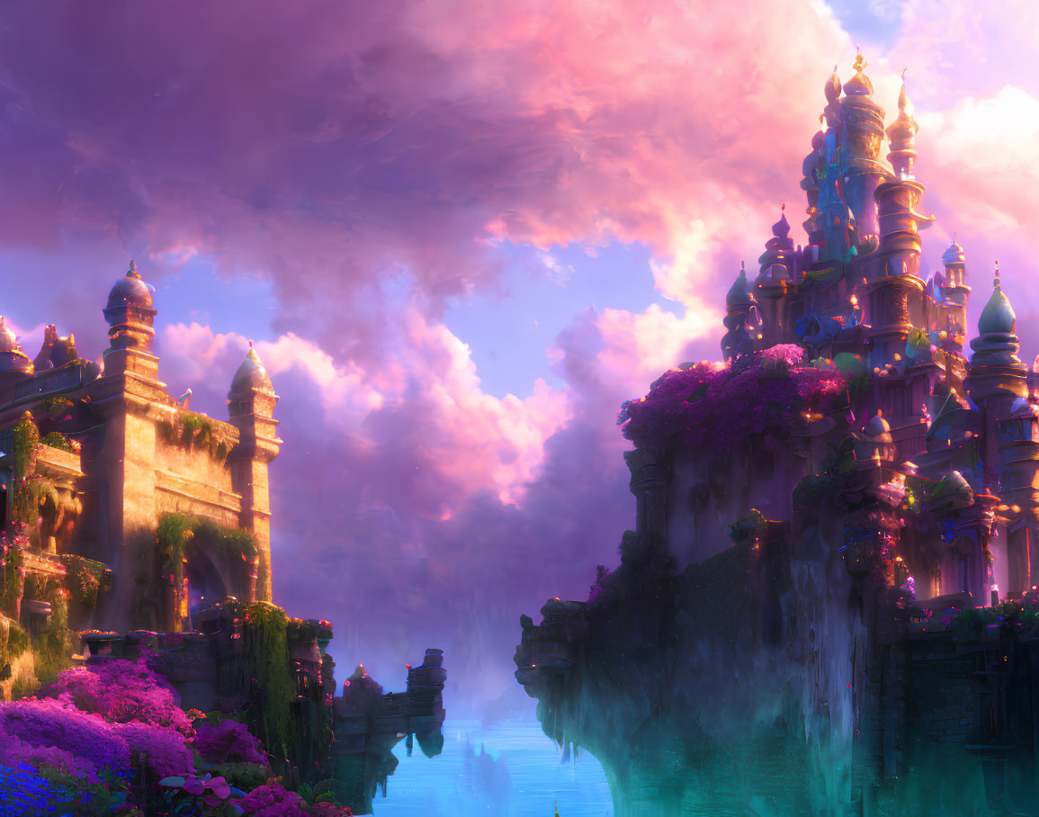 Fantastical landscape with ornate buildings, waterfalls, floating rocks, vibrant flora, pink and