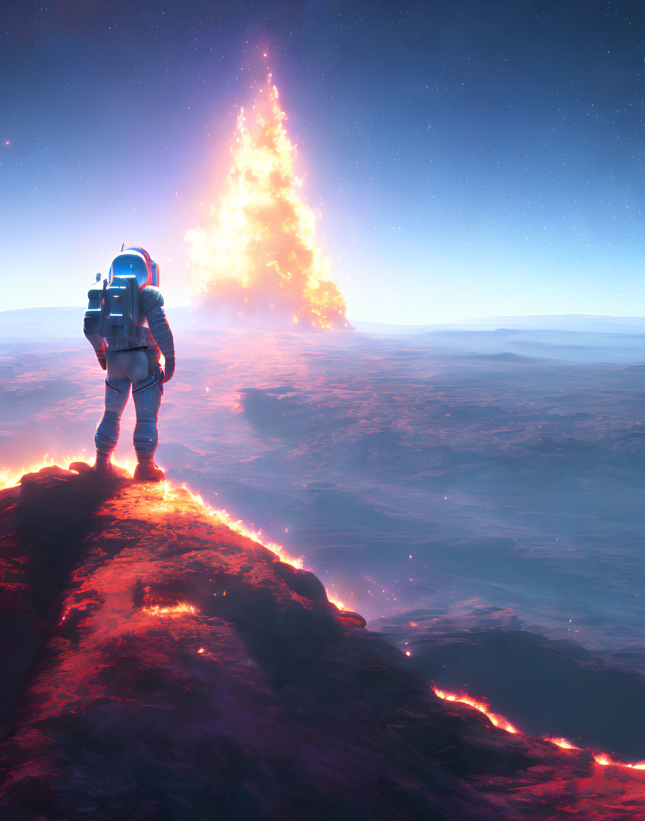 Astronaut observing alien landscape with glowing lava streams