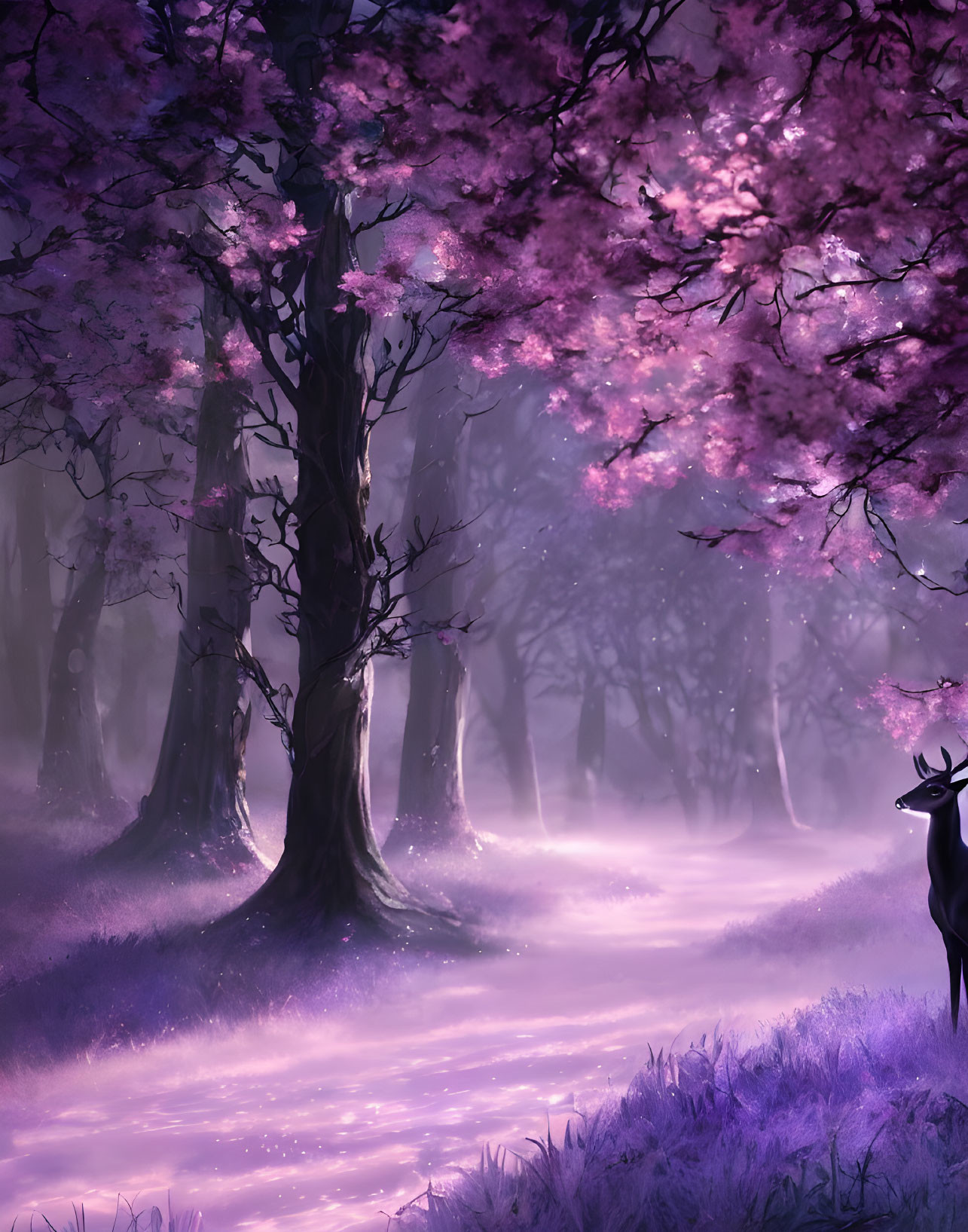 Enchanting forest scene with purple hues, sparkling ground, and elegant deer amid pink cherry blossoms