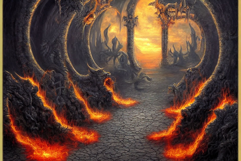 Fantastical landscape with lava arches, fiery undergrowth, and orange sky