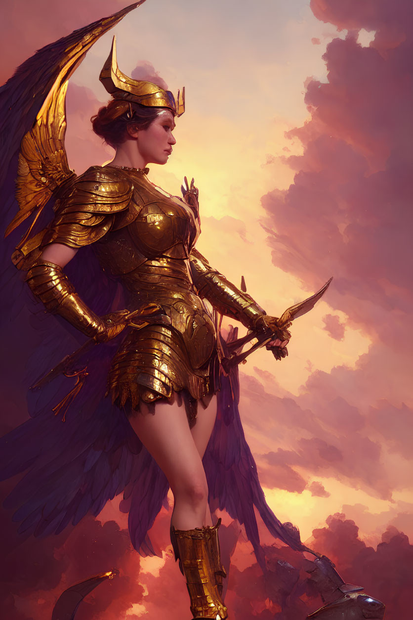 Golden armored warrior with wings in dramatic sunset sky