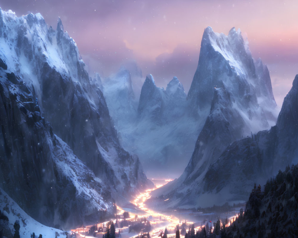 Snow-covered mountain range with glowing road at twilight