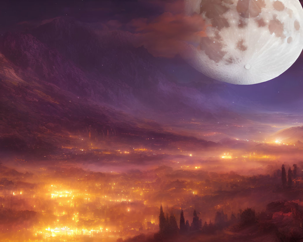 Misty mountains and glowing valley under large moon in fantasy landscape