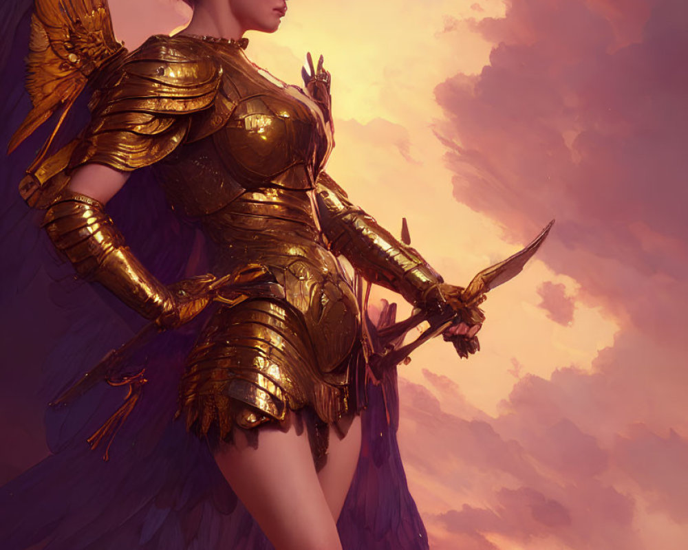 Golden armored warrior with wings in dramatic sunset sky