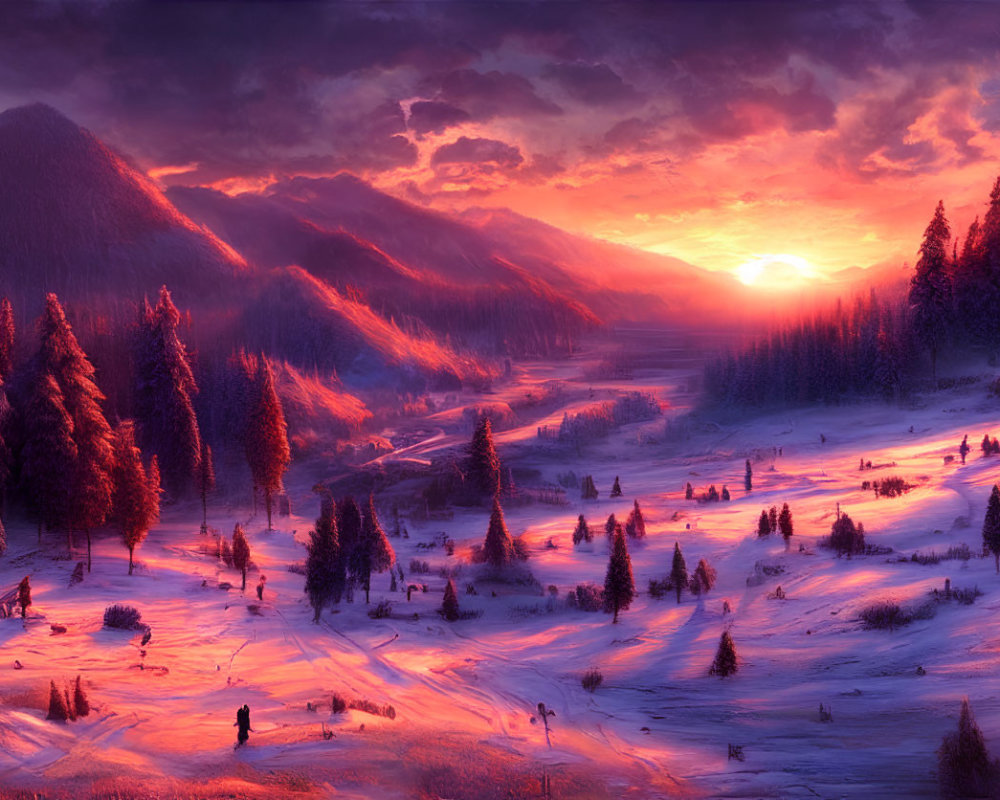 Colorful sunset illuminating snowy landscape with pine trees and mountains.