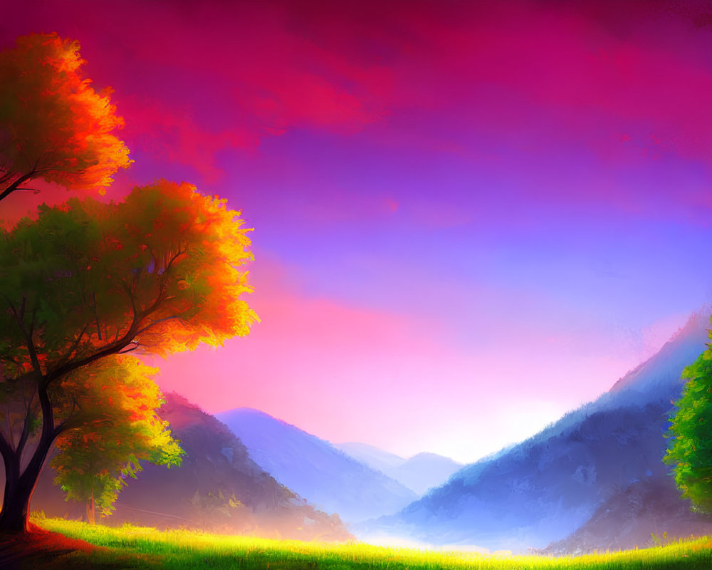 Scenic valley digital art: vivid skies, colorful trees, misty mountains