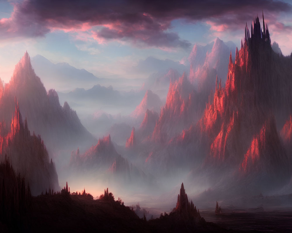 Mystical landscape: towering mountains under dramatic red sky