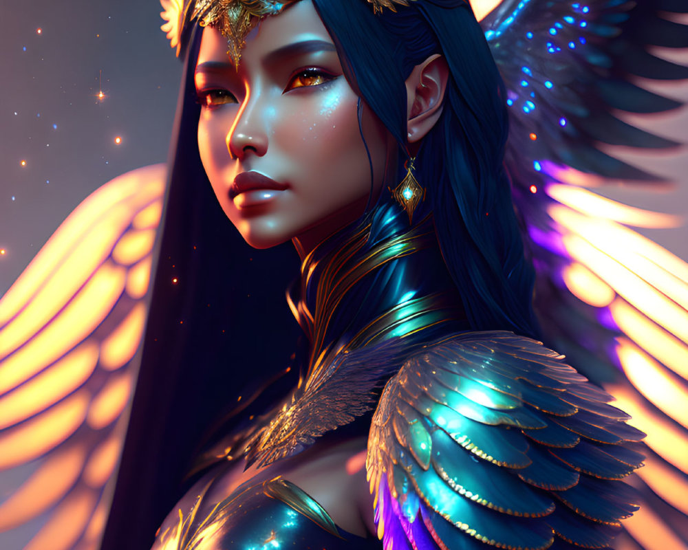 Mystical female figure with blue skin and angel wings in celestial-themed digital art