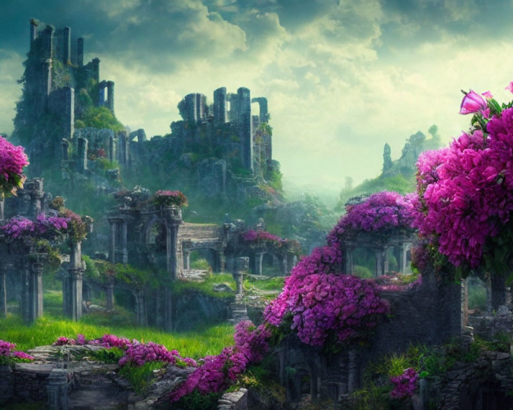 Ancient stone ruins surrounded by lush greenery and vibrant pink flowers under a moody sky