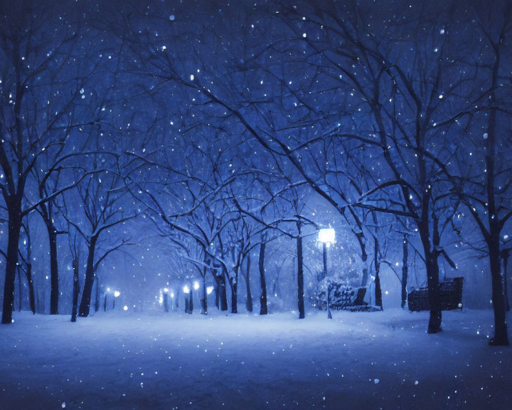Snow-covered park with bare trees and illuminated street lamps on a serene winter night