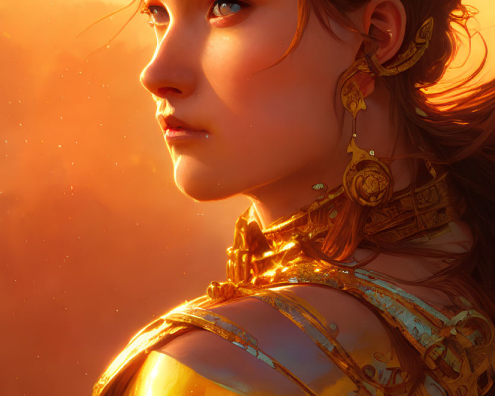 Woman in golden armor with blue eyes against warm backdrop