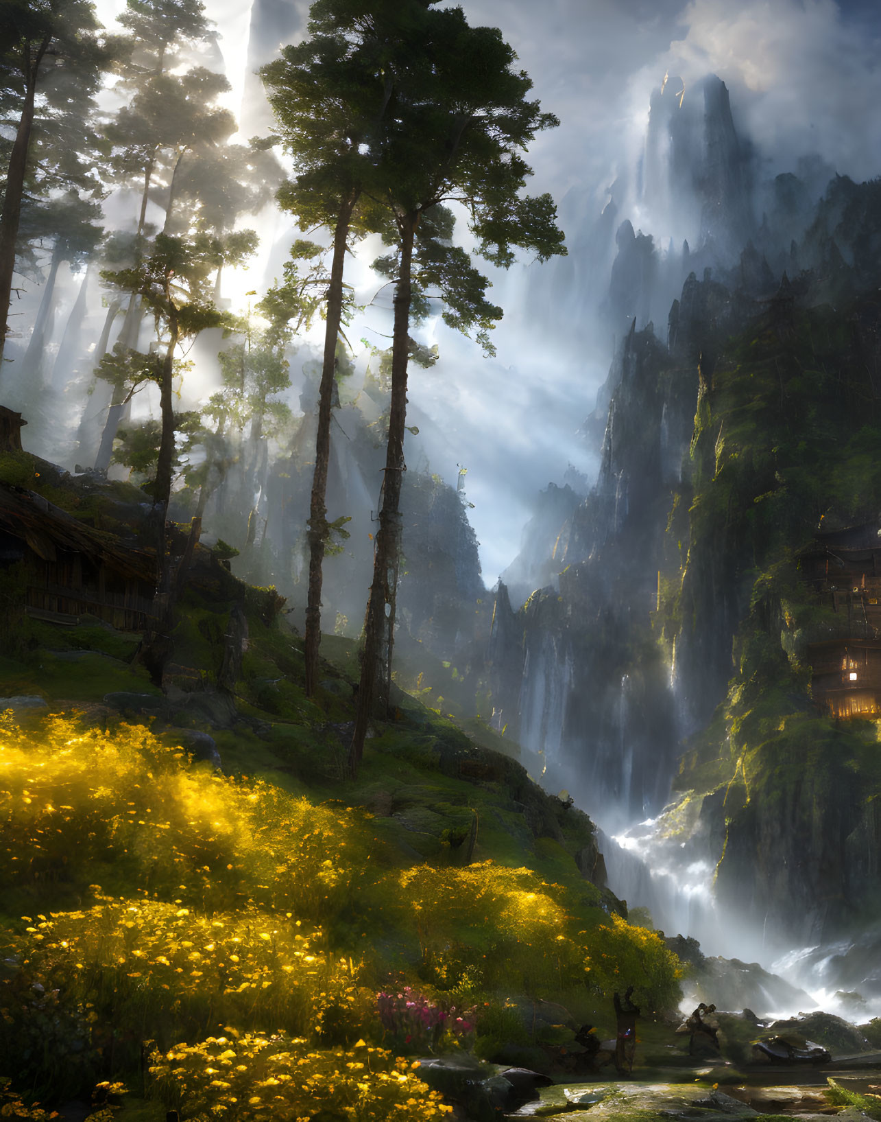 Mystical forest with cliffs, waterfalls, and wildflowers