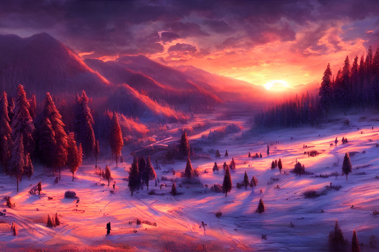 Colorful sunset illuminating snowy landscape with pine trees and mountains.