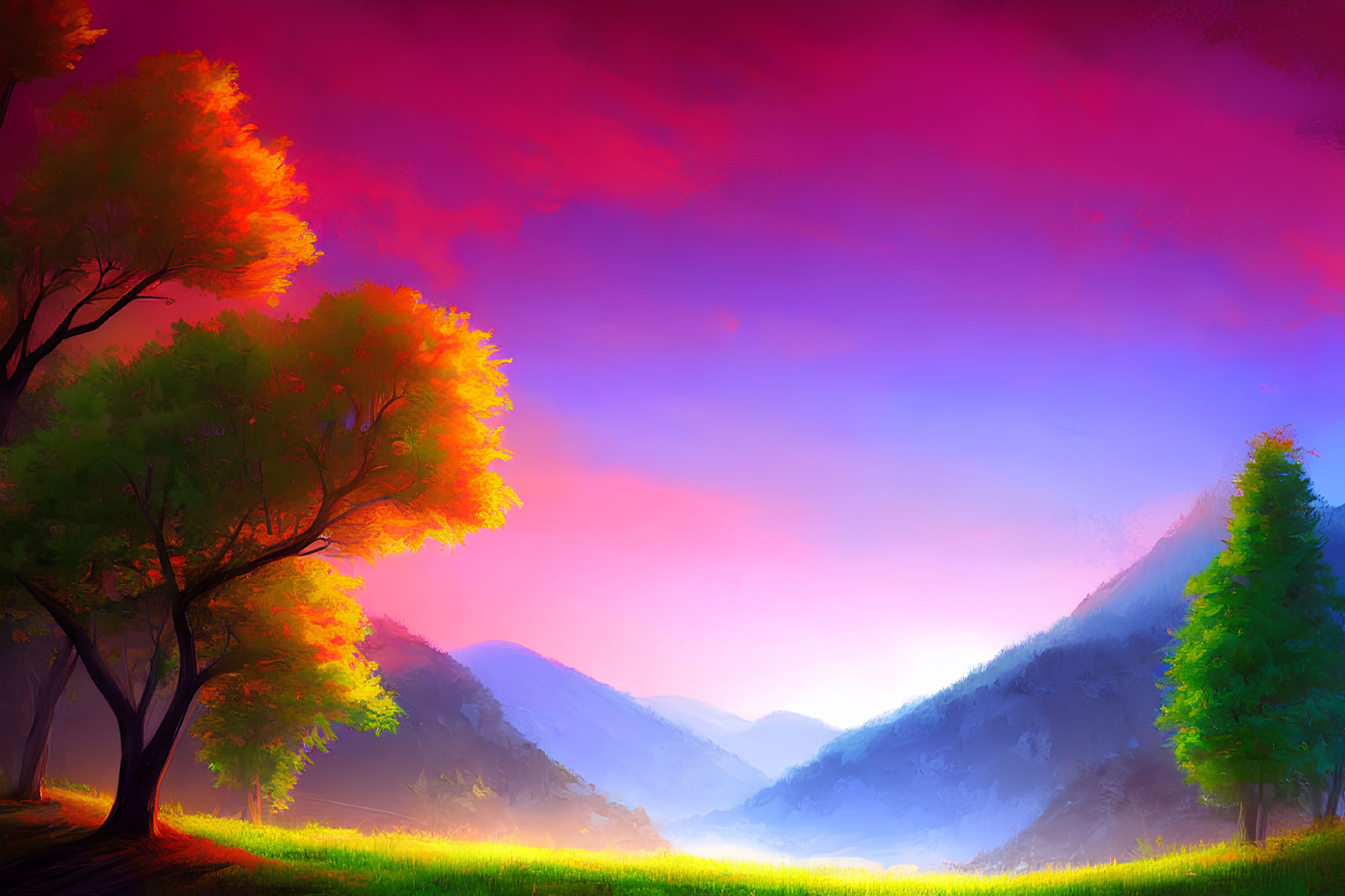 Scenic valley digital art: vivid skies, colorful trees, misty mountains