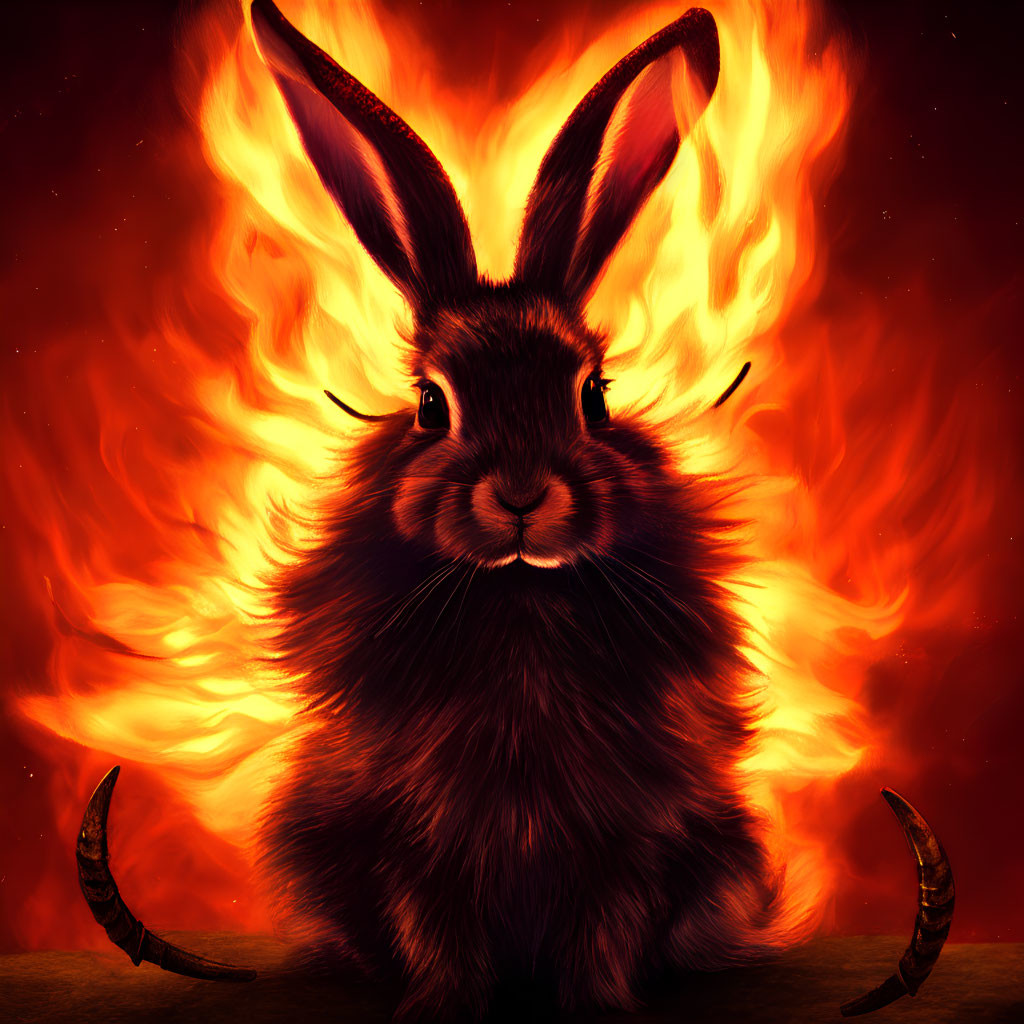 Majestic black rabbit with intense eyes in fiery backdrop