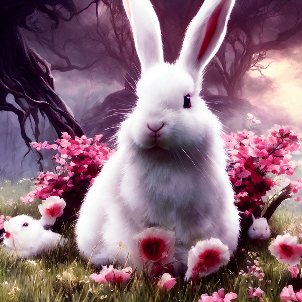 White rabbit with purple eye in misty woodland among pink flowers