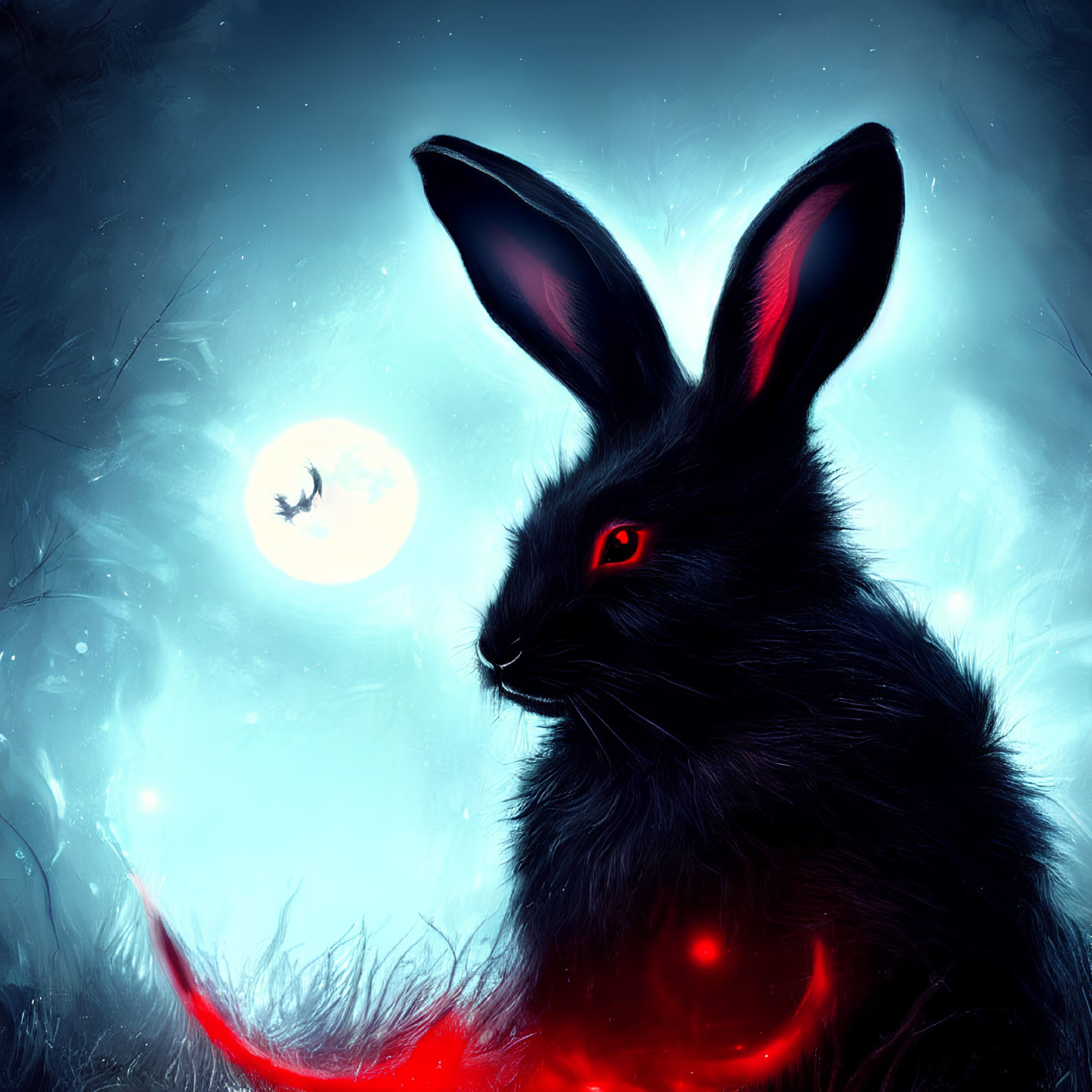 Mystical black rabbit and flying witch under moonlit sky