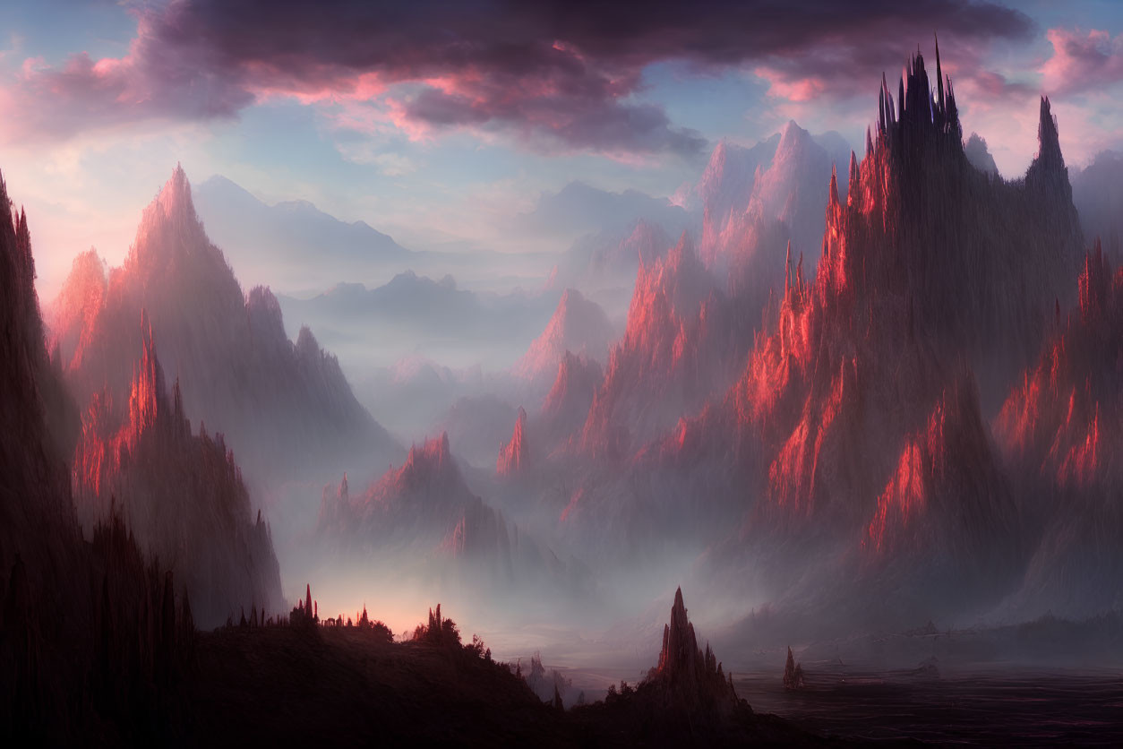 Mystical landscape: towering mountains under dramatic red sky