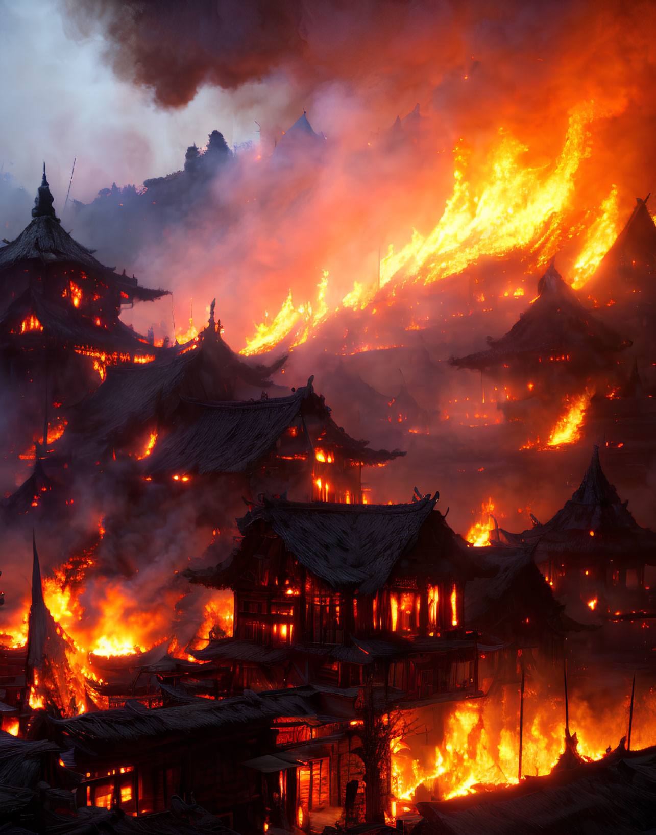 Ancient Asian-style village engulfed in fiery inferno