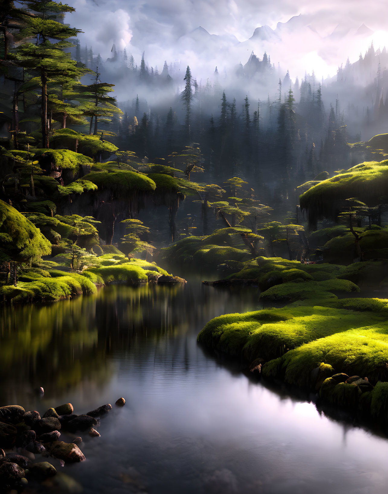 Tranquil forest scene with moss-covered trees, serene river, and mist-shrouded mountains in