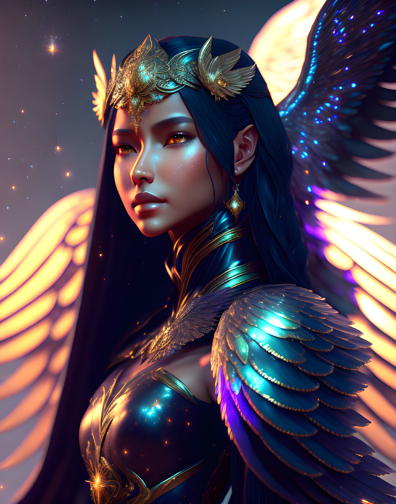 Mystical female figure with blue skin and angel wings in celestial-themed digital art