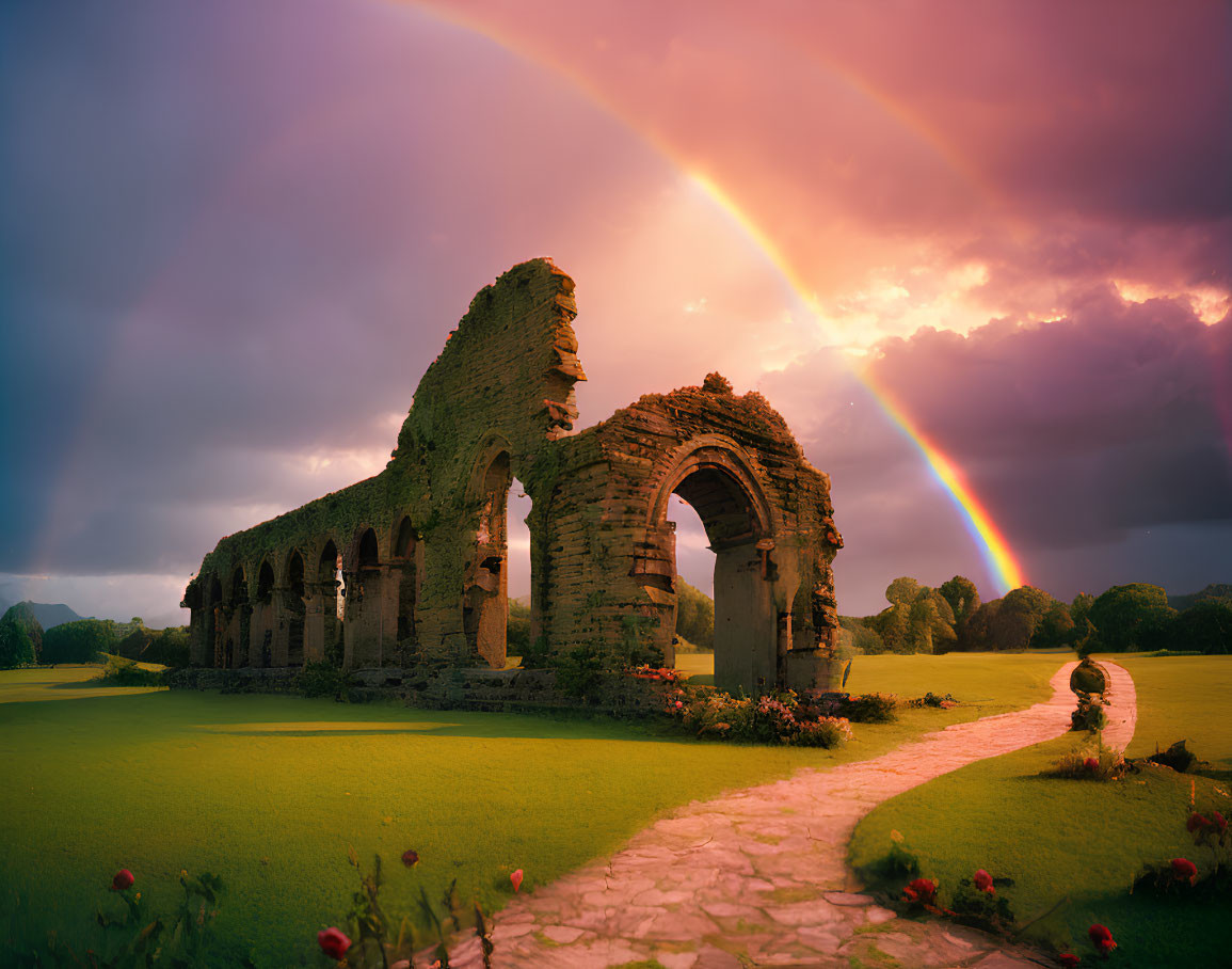 Ancient stone ruins with arches under dramatic sky and rainbow in lush green landscape