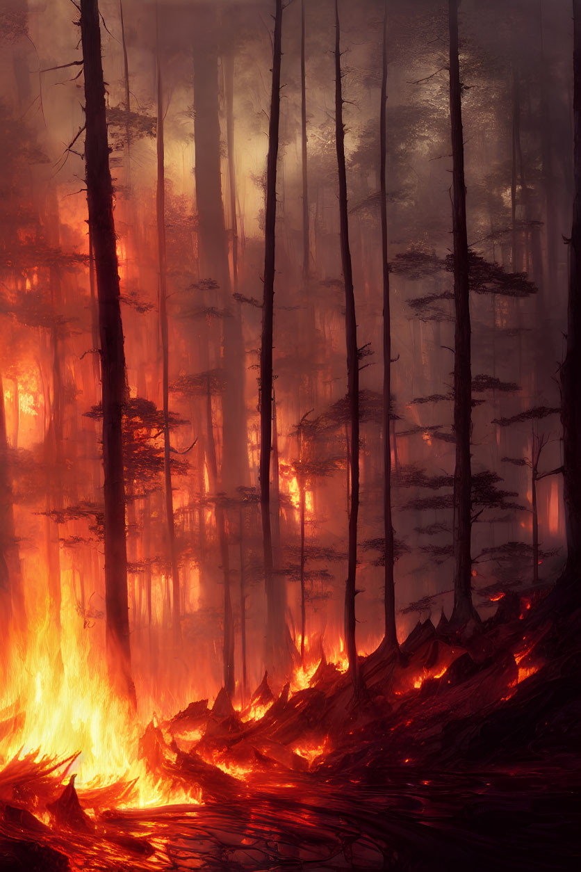 Burning forest with engulfed trees and fiery glow