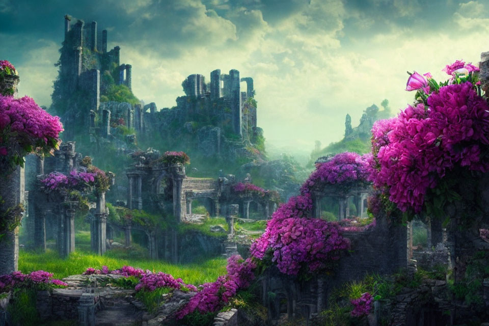 Ancient stone ruins surrounded by lush greenery and vibrant pink flowers under a moody sky