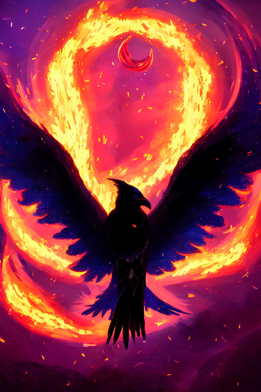 Majestic raven with spread wings against fiery backdrop and crescent moon