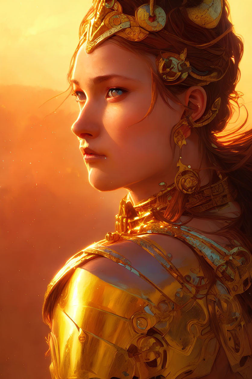 Woman in golden armor with blue eyes against warm backdrop