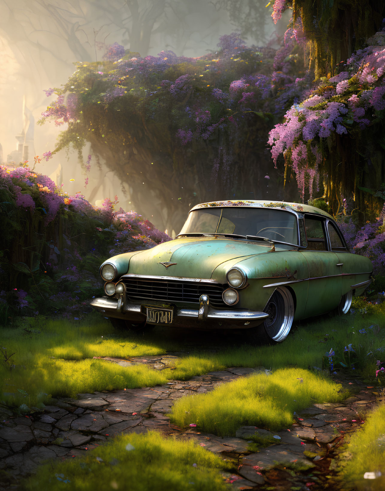 Classic Car Beneath Blooming Wisteria in Forest Clearing
